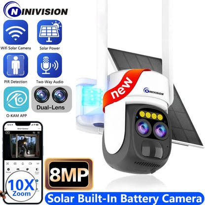 10X Zoom Dual Lens WIFI Solar Cameras 8MP Wireless Surveillance PTZ Battery Camera 4K Color Night Vision Two Way Audio O-KAM APP