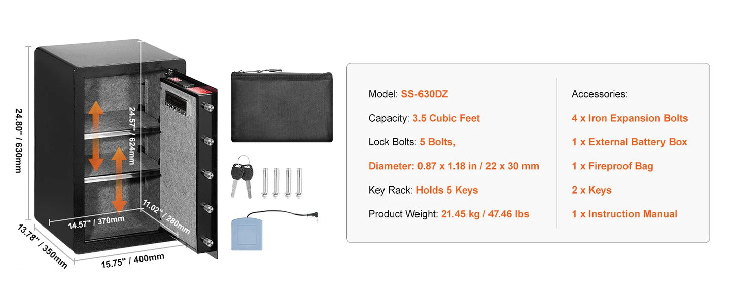 SucceBuy Single Door 4.0 cu.ft Safe Box w/ Key Lock Password & Fingerprint Safe Lock Box with Fireproof Bag Key Rack & LED Light