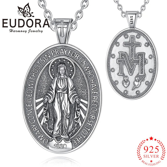 Eudora 925 Sterling Silver Virgin Mary Necklace Cross Christian Pendant Vintage Medal Jewelry Exquisite Gift For Women Men