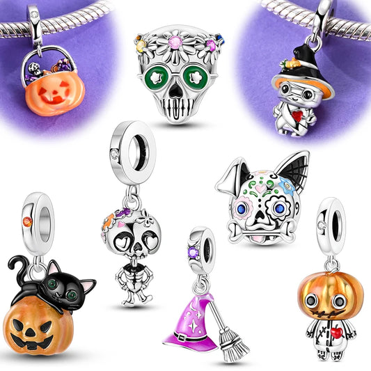 Halloween 925 Silver Charms Ghost Clown Witch Pendants Fit Original Pan Bracelet Making Jewelry DIY Gift For Friend