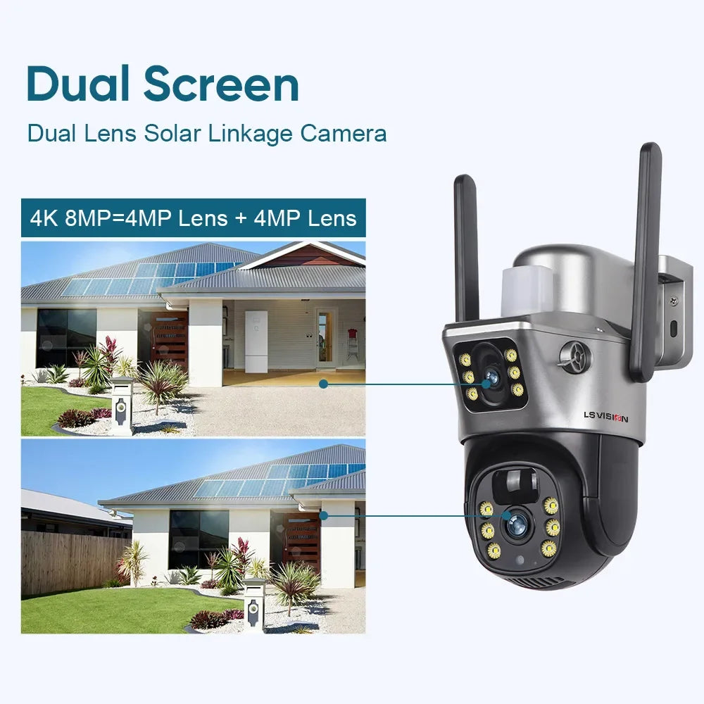 LS VISION 12MP 4G SIM Card Dual Screen Solar Camera Outdoor 6K 10XZoom WiFi PTZ Human Auto Tracking Waterproof Security Cameras