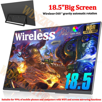 Wireless 18. 5" 15.6" Portable Monitor WIFI Support Mirroring for Phone, Miracast for Laptops, For XBox PS4 / 5 Switch