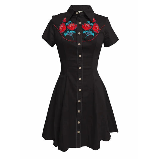 Western Vintage Flower Printed Western Cowboy Dress Women Button-down Dress Short Sleeves 100% Cotton Dress Summer Streetwear