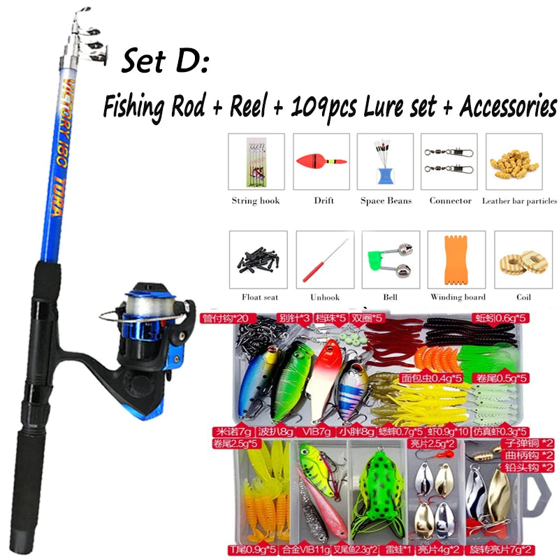 Fishing Rod Combo Full Kits 1.8M Telescopic Spinning Reel Baits Lure Set Travel Fishing Gear Hooks Pole Accessories Beginner