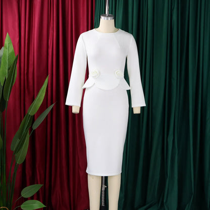 Elegant Bodycon Dresses for Women O Neck Full Sleeve Floral Decorate Solid Sheath Package Hips Mid Calf Professional Work Dress