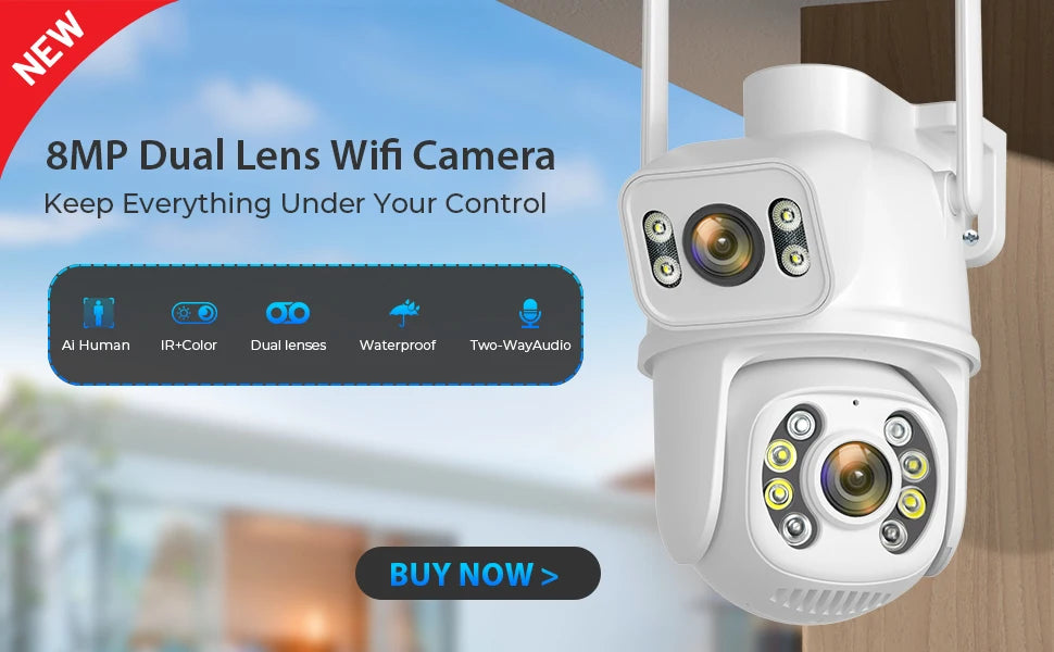 8MP 4K IP Camera Outdoor WiFi PTZ Dual Lens Dual Screen Auto Tracking Waterproof Security Video Surveillance Police Light Alarm