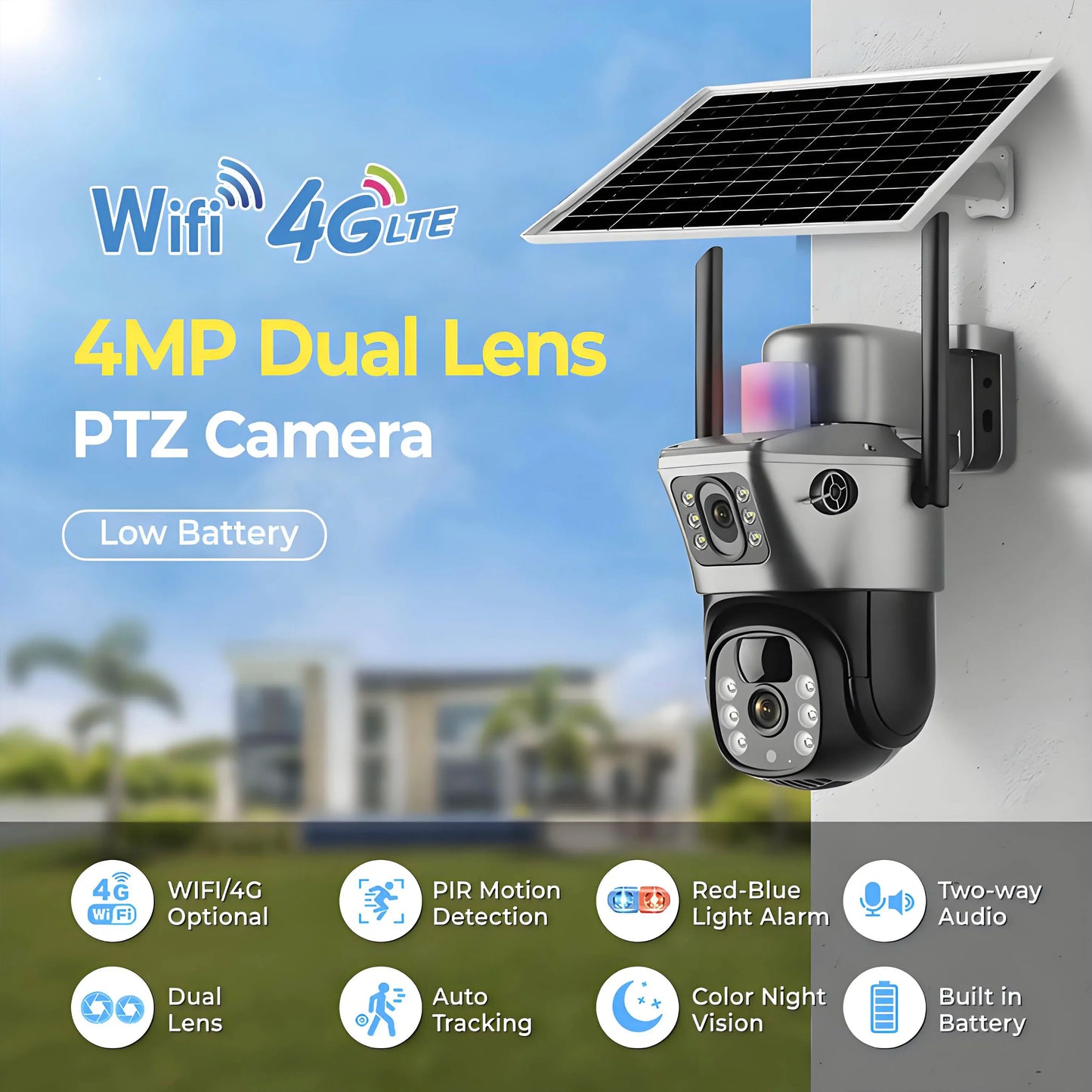 4K Wireless WiFi Solar Outdoor Camera  8MP Dual Lens 4G Sim IP Surveillance Cam PIR Night Vision Mobile Detection Security CCTV