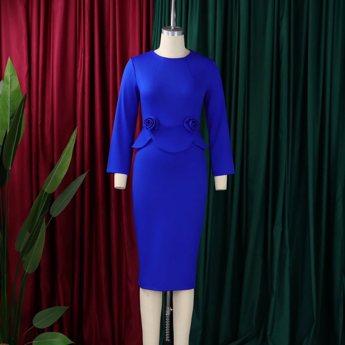 Elegant Bodycon Dresses for Women O Neck Full Sleeve Floral Decorate Solid Sheath Package Hips Mid Calf Professional Work Dress