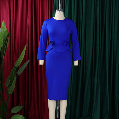 Elegant Bodycon Dresses for Women O Neck Full Sleeve Floral Decorate Solid Sheath Package Hips Mid Calf Professional Work Dress