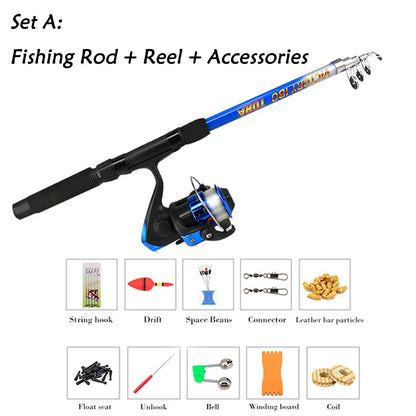 Fishing Rod Combo Full Kits 1.8M Telescopic Spinning Reel Baits Lure Set Travel Fishing Gear Hooks Pole Accessories Beginner