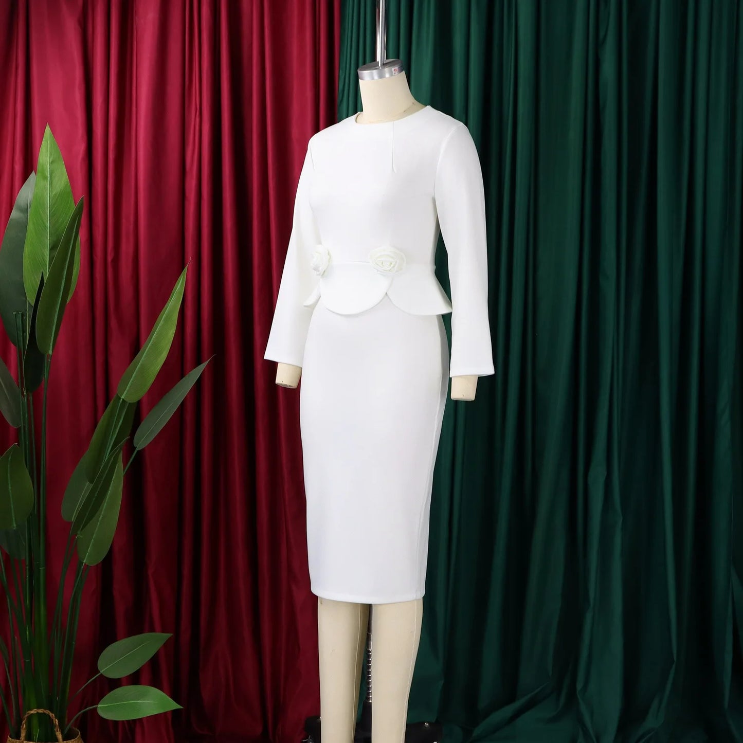 Elegant Bodycon Dresses for Women O Neck Full Sleeve Floral Decorate Solid Sheath Package Hips Mid Calf Professional Work Dress