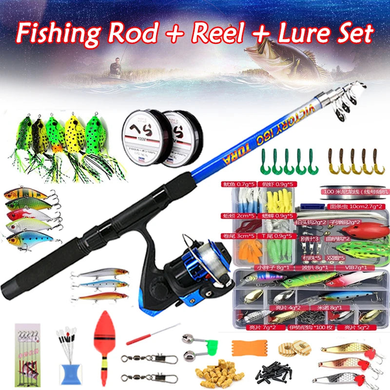 Fishing Rod Combo Full Kits 1.8M Telescopic Spinning Reel Baits Lure Set Travel Fishing Gear Hooks Pole Accessories Beginner
