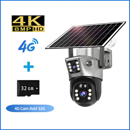 4K Wireless WiFi Solar Outdoor Camera  8MP Dual Lens 4G Sim IP Surveillance Cam PIR Night Vision Mobile Detection Security CCTV