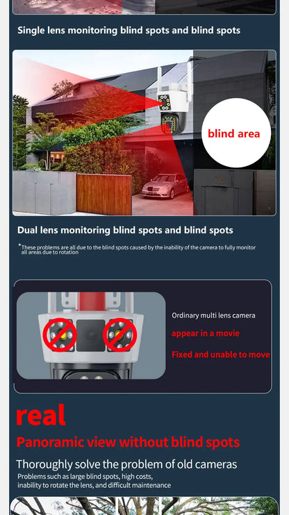 ANSVICAM 12MP 6K UHD WIFI Camera 3-PTZ Outdoor Cam Three Lenses Triple Screens Security Monitor Night Vision Waterproof CCTV