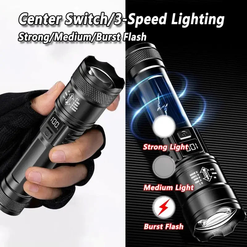 Rechargeable LED Flashlight Zoomable Torch with LCD Display 3 Modes Waterproof High Power Hand Light Outdoor Wilderness Camping