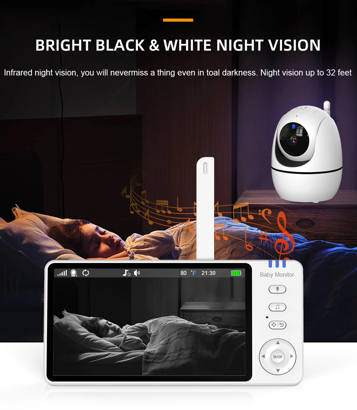 5'' Video Baby Monitor 2.4G Mother Kids Night Vision Zoom PTZ Video Surveillance Cameras With Temperature display Screen ABM501