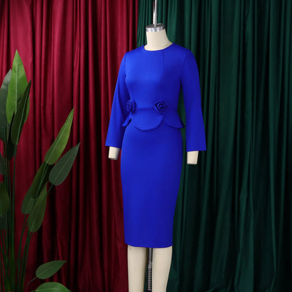 Elegant Bodycon Dresses for Women O Neck Full Sleeve Floral Decorate Solid Sheath Package Hips Mid Calf Professional Work Dress
