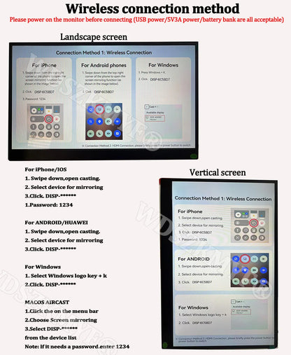 Wireless 18. 5" 15.6" Portable Monitor WIFI Support Mirroring for Phone, Miracast for Laptops, For XBox PS4 / 5 Switch
