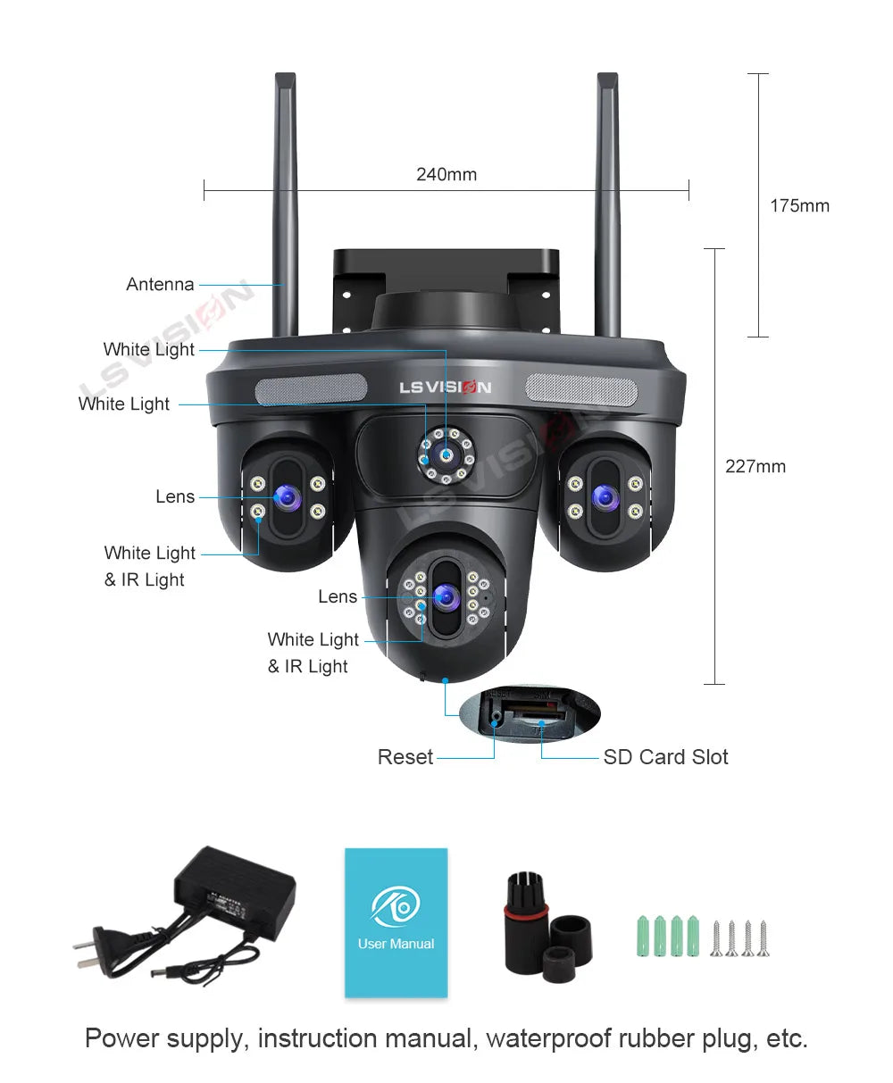 LS VISION Three Screen Camera WIFI 15MP 6K Three Lens  Monitor Night Vision Security Protection  3 PTZ Lens Video Surveillance