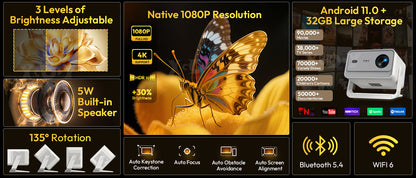 XGODY 4K Projector 32GB Video Projector 650ANSI Native 1080P Autofocus & Keystone Portable Home Theater with Android 11 BT 5.2