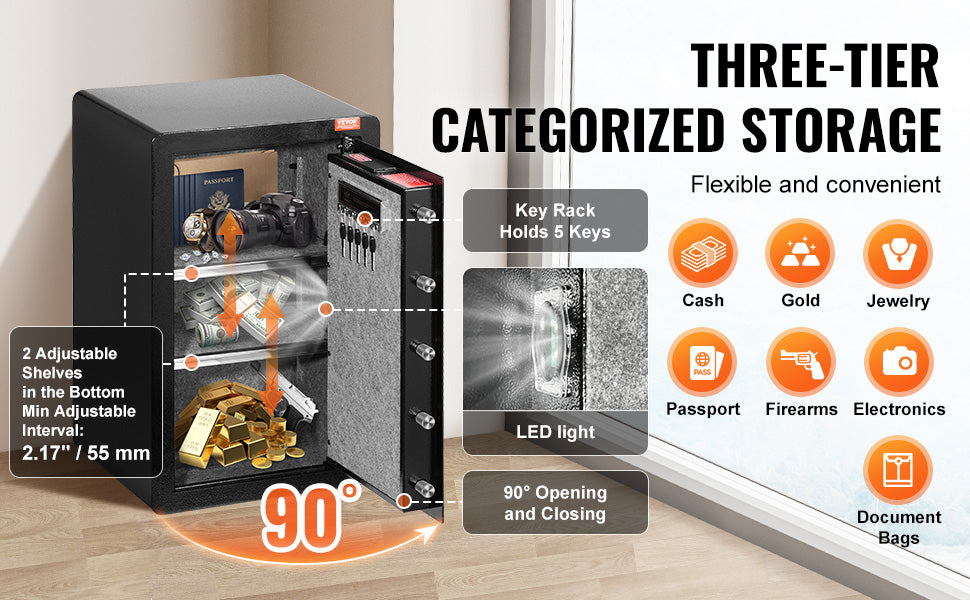 SucceBuy Single Door 4.0 cu.ft Safe Box w/ Key Lock Password & Fingerprint Safe Lock Box with Fireproof Bag Key Rack & LED Light