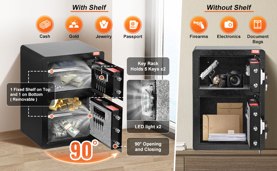 SucceBuy Single Door 4.0 cu.ft Safe Box w/ Key Lock Password & Fingerprint Safe Lock Box with Fireproof Bag Key Rack & LED Light