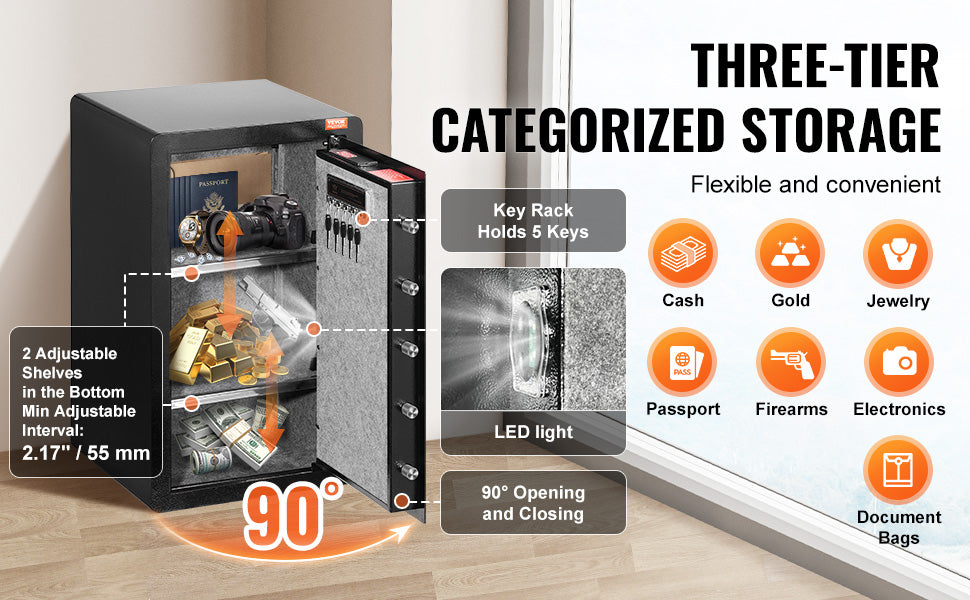 SucceBuy Single Door 4.0 cu.ft Safe Box w/ Key Lock Password & Fingerprint Safe Lock Box with Fireproof Bag Key Rack & LED Light