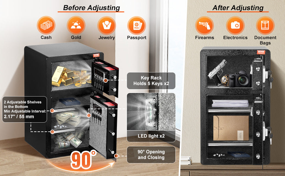 SucceBuy Single Door 4.0 cu.ft Safe Box w/ Key Lock Password & Fingerprint Safe Lock Box with Fireproof Bag Key Rack & LED Light