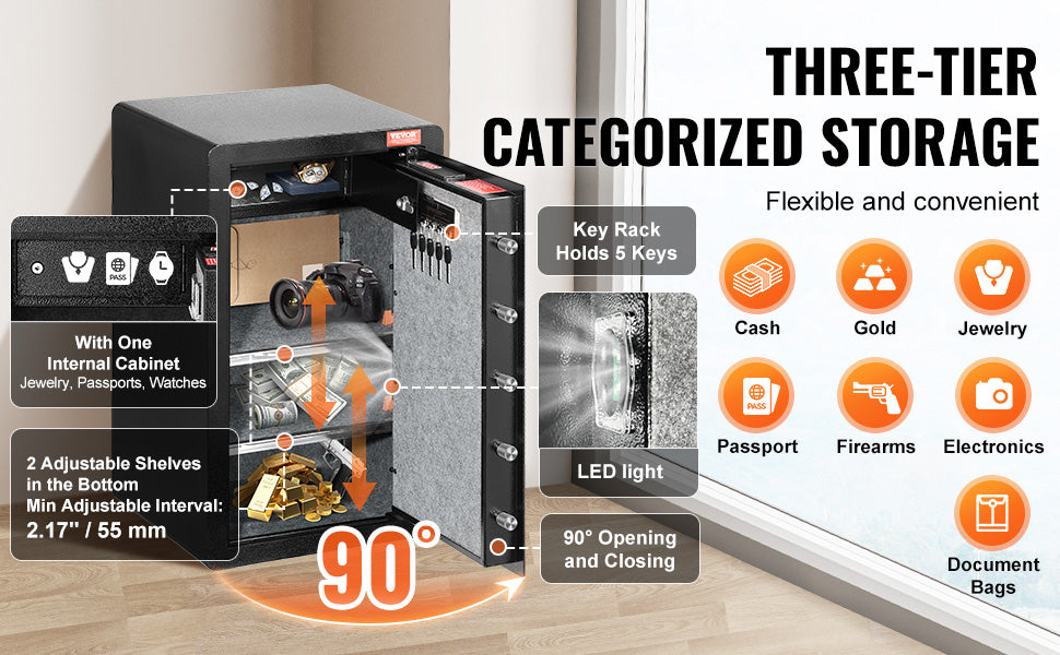SucceBuy Single Door 4.0 cu.ft Safe Box w/ Key Lock Password & Fingerprint Safe Lock Box with Fireproof Bag Key Rack & LED Light